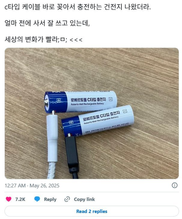C타입 케이블 바로 꽂아서 충전하는 건전지 나왔더라.png